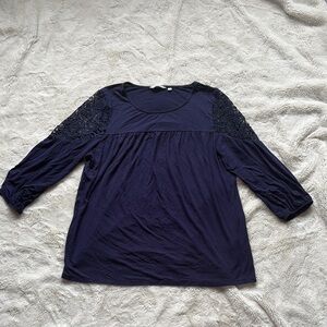 Reitmans Navy Lace-Sleeve Tunic – Size Large | Boho Chic | Scoop Neck |